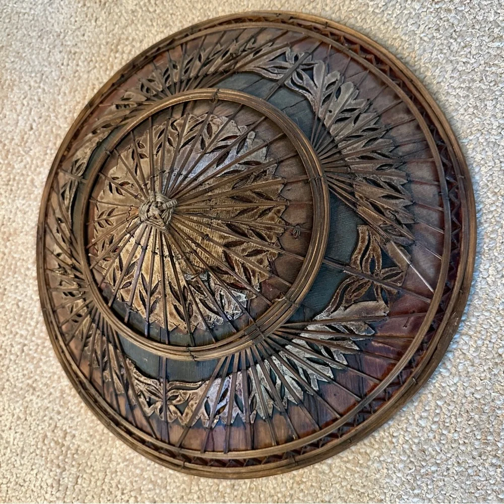 Antique Asian Conical Hat Non La Woven Bamboo Carved Wood Decorative‎ Art